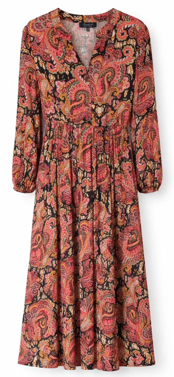 Bariloche Sukienka Midi Boho – Wzór Paisley Czarno-Różowy