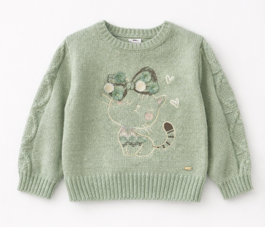 Sweter dziewczęcy z haftem kotek miętowy Mayoral 2313