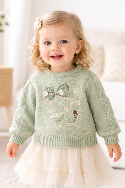 Sweter dziewczęcy z haftem kotek miętowy Mayoral 2313