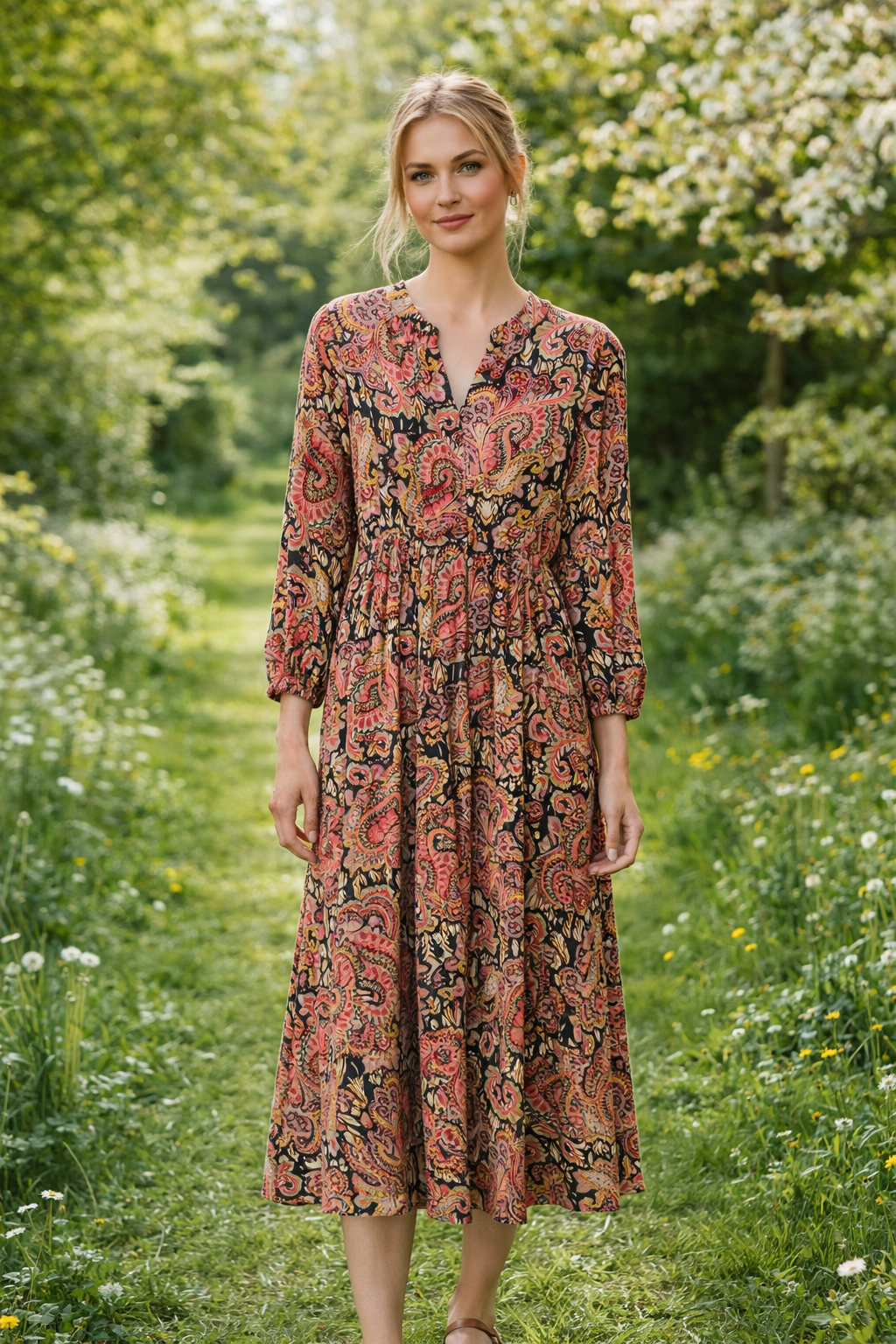 Bariloche Sukienka Midi Boho – Wzór Paisley Czarno-Różowy