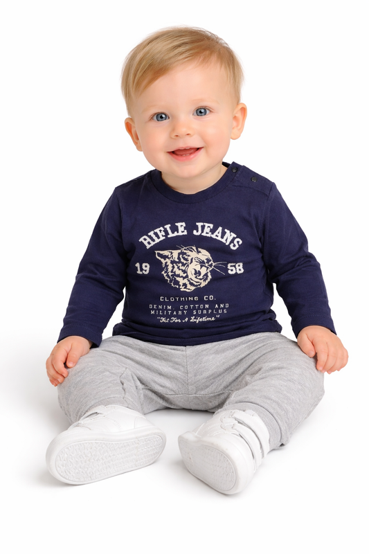 Bluzka niemowlęca RIFLE Jeans – granat z nadrukiem tygrysa